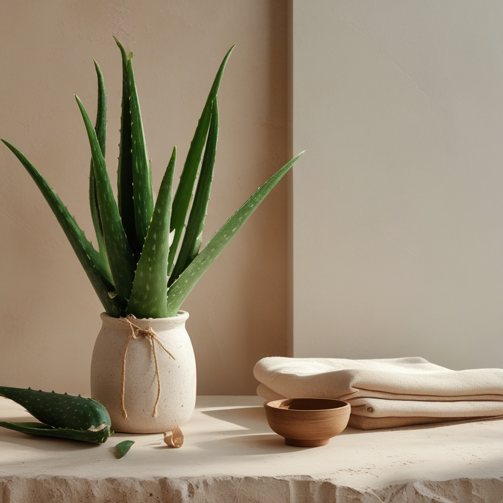 Daun aloe vera segar yang dipotong menampilkan gel bening di atas meja putih bersih dengan botol kaca kecil berisi minyak esensial herbal